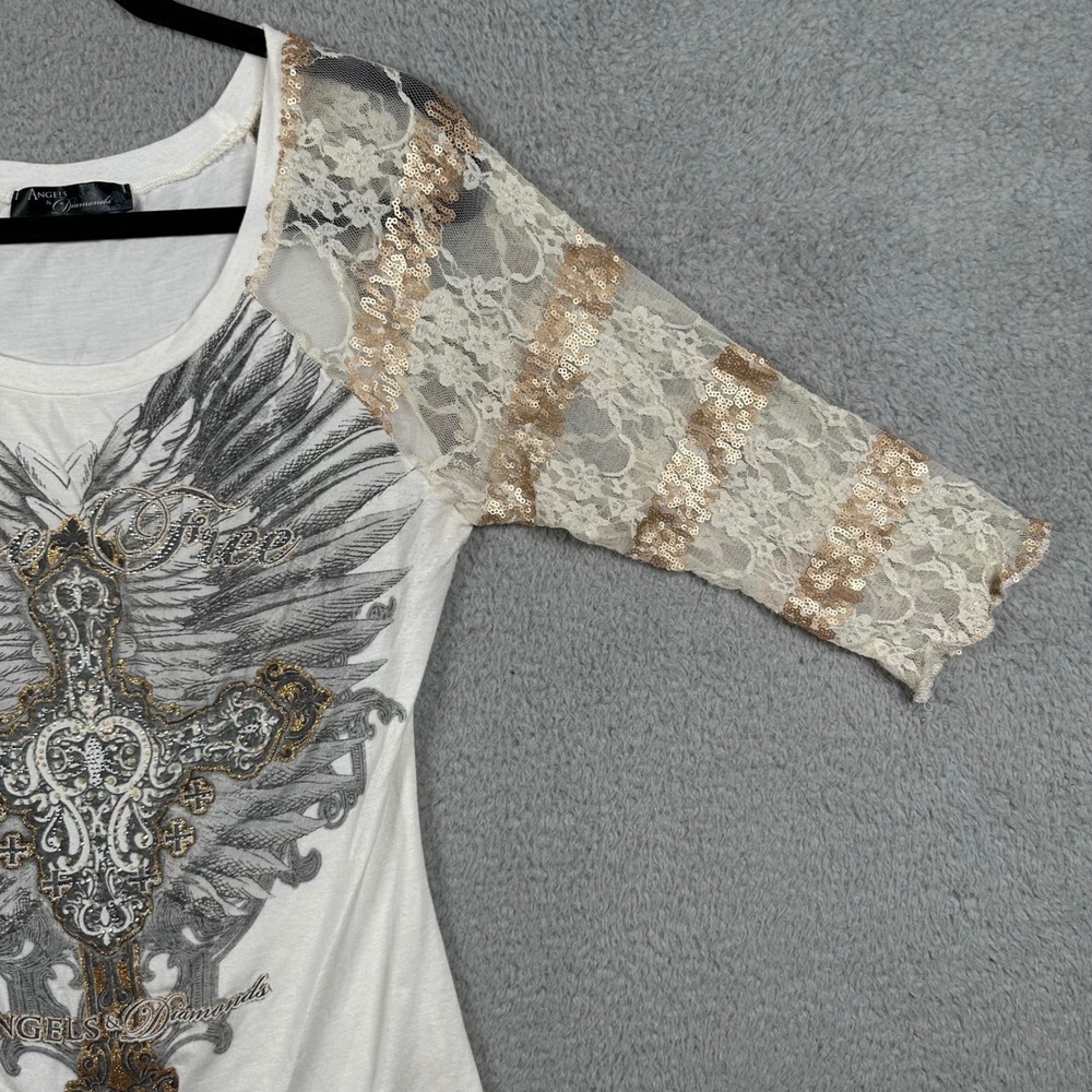 Y2K Angels & Diamonds Trust Top Sequin Lace Sleeve Rhinestone Cross Wings USA L - Picture 7 of 9